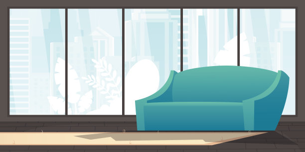 房间有一个大的全景窗口为您的场景。平面风格的矢量插图。图片下载