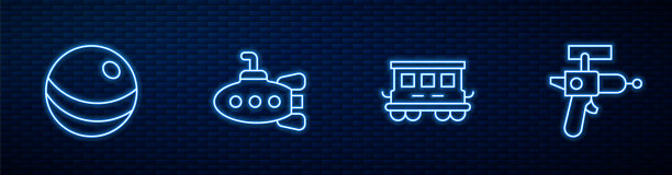 集客运列车、玩具、沙滩球、潜水艇、镭射枪于一体。砖墙上闪烁的霓虹灯图标。向量图片下载