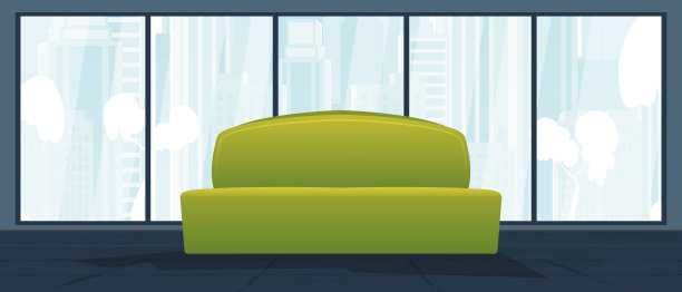 有软垫家具和大全景窗的房间。平面风格的矢量插图。图片下载