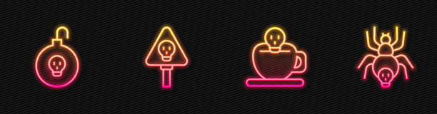 咖啡杯配骷髅头，核弹，骨头和毒蜘蛛。发光的霓虹灯图标。向量图片下载