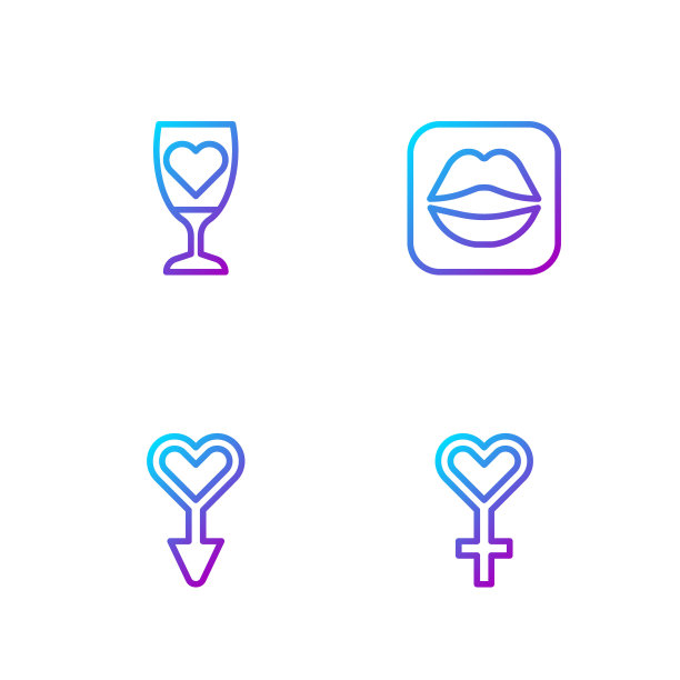 设置女性的性别符号，香槟和微笑的嘴唇。渐变颜色图标。向量图片下载
