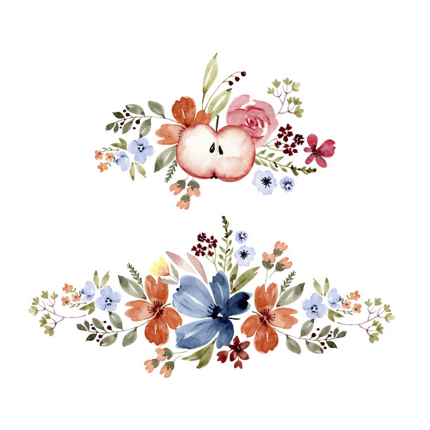 一套水彩花束与花和一个苹果在白色背景。手绘设计和邀请函。图片下载