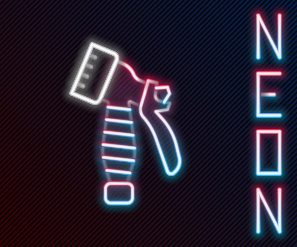 发光霓虹灯线水喷瓶图标孤立在黑色背景。洒水喷头熨烫。色彩斑斓的轮廓的概念。向量图片下载