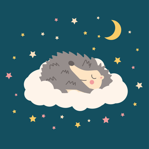 可爱的手绘矢量插图刺猬卡通与蓝色背景上的星星和月亮睡在云上。孩子的海报图片下载