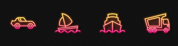 集游轮、轿车、游艇、帆船、货运卡车于一体。发光的霓虹灯图标。向量图片下载