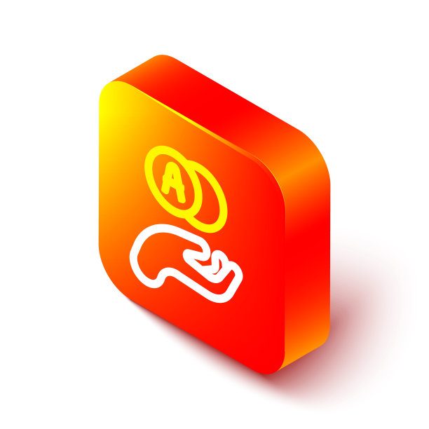 等距线原子图标孤立在白色背景上。象征科学、教育、核物理、科学研究。橙色平方按钮。向量图片下载