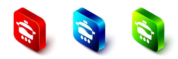 在白色背景上孤立的等距烹饪锅图标。象征煮或炖的食物。红色、蓝色和绿色方形按钮。向量图片下载