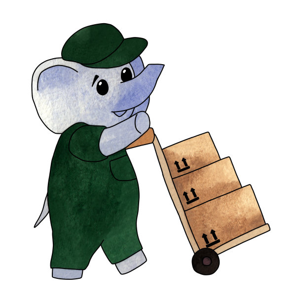 一头身着绿色制服的淡紫色大象推着一辆装满箱子的推车图片下载