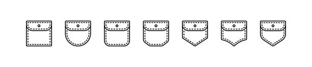 补丁的口袋里。采购产品夹克，裤子，连衣裙，夹克，牛仔裤，外套，衬衫。一组线性风格的矢量图标孤立在白色背景上。图片下载