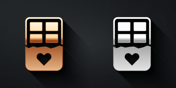 金色和银色巧克力条图标孤立在黑色背景上。情人节快乐。长长的阴影风格。向量图片下载