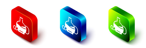 等距瓶橄榄油图标孤立在白色背景上。盛满橄榄油图标。红色、蓝色和绿色方形按钮。向量图片下载