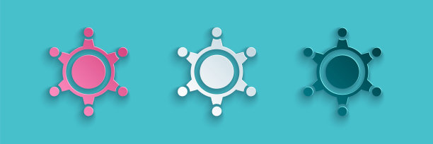 剪纸六角星治安官图标孤立在蓝色背景上。警察徽章图标。纸艺术风格。向量图片下载