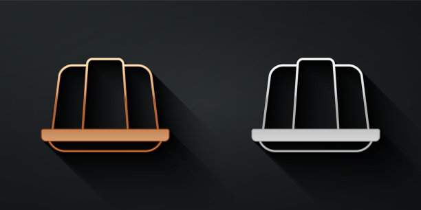 金色和银色果冻蛋糕图标孤立在黑色背景上。果冻布丁。长长的阴影风格。向量图片下载