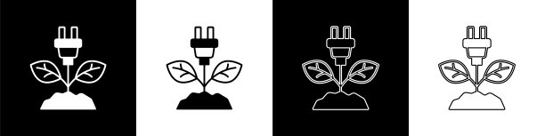 设置电力节约插头的叶子图标孤立在黑白背景上。节约能源电力。环境保护。生物能源。向量图片下载