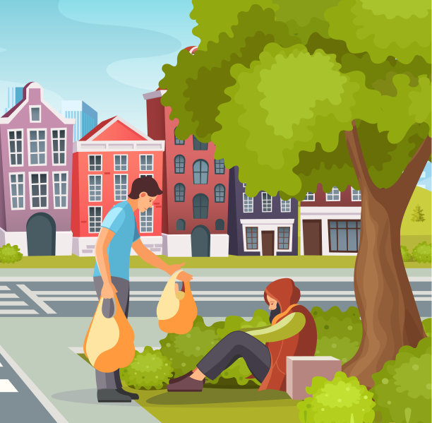 志愿者做慈善活动，捐赠食物给无家可归的人，站着给无家可归的老人送食物包。图片下载