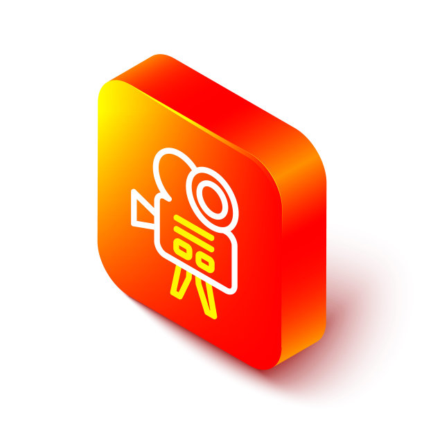 等距线复古电影相机图标孤立在白色背景上。摄像机。电影的迹象。电影放映机。橙色平方按钮。向量图片下载