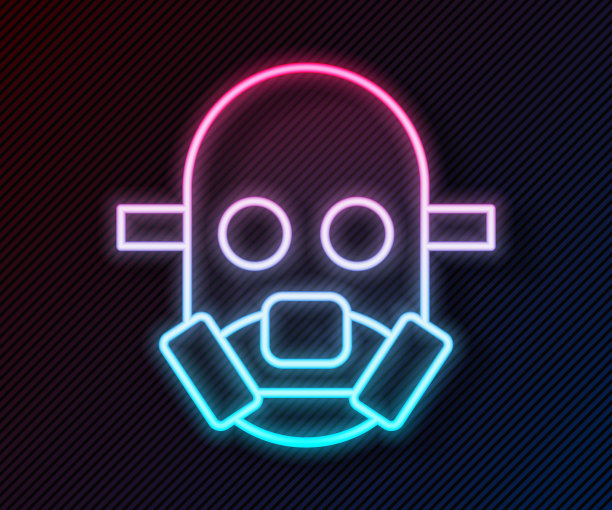 发光霓虹灯线防毒面具图标孤立在黑色背景上。呼吸器的迹象。向量图片下载