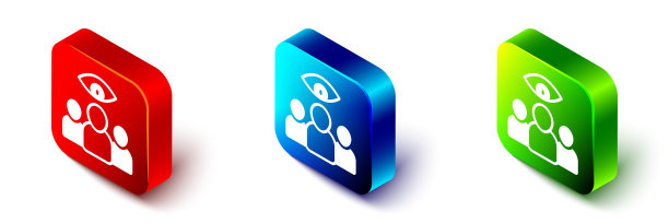 等距间谍，代理图标孤立在白色背景上。监视人。红色、蓝色和绿色方形按钮。向量图片下载
