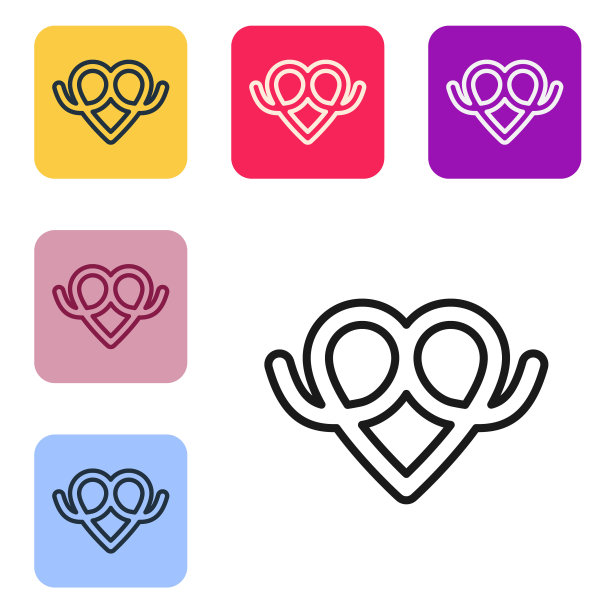 黑色线条椒盐卷饼图标孤立在白色背景上。德国舒适食品糕点。啤酒节的节日。设置彩色方块按钮图标。向量图片下载