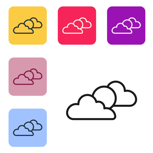 黑色线太阳和云天气图标孤立在白色背景上。设置彩色方块按钮图标。向量图片下载