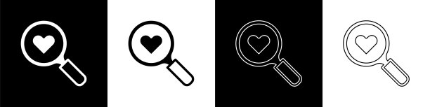 设置搜索心和爱的图标孤立在黑白背景上。放大镜里面有一颗心。情人节快乐。向量图片下载
