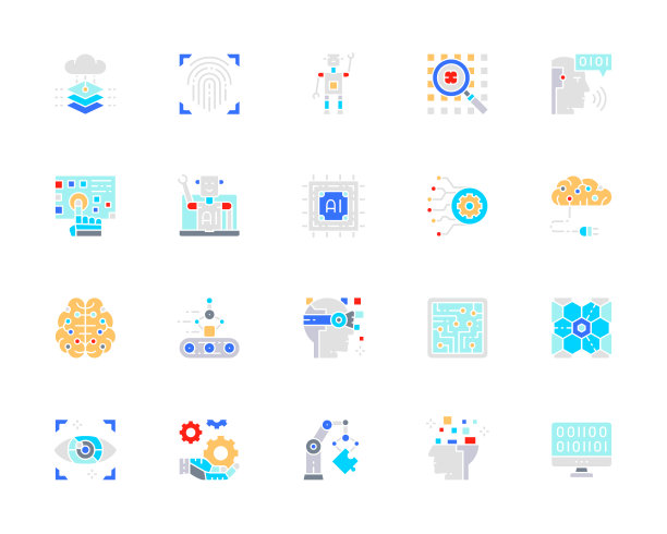 人工智能白线图标集。工程、计算机芯片、虚拟现实、聊天机器人、大数据等。图片下载