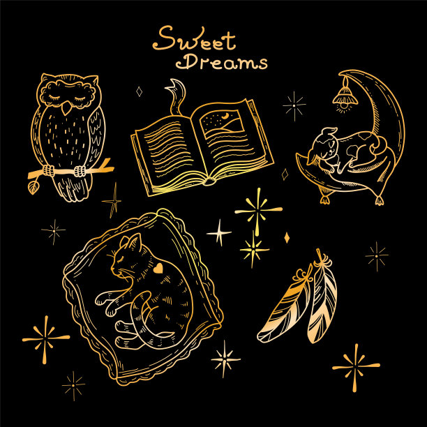 在黑色背景上的睡眠主题上可爱的手绘矢量插图的黄金套图纸图片下载