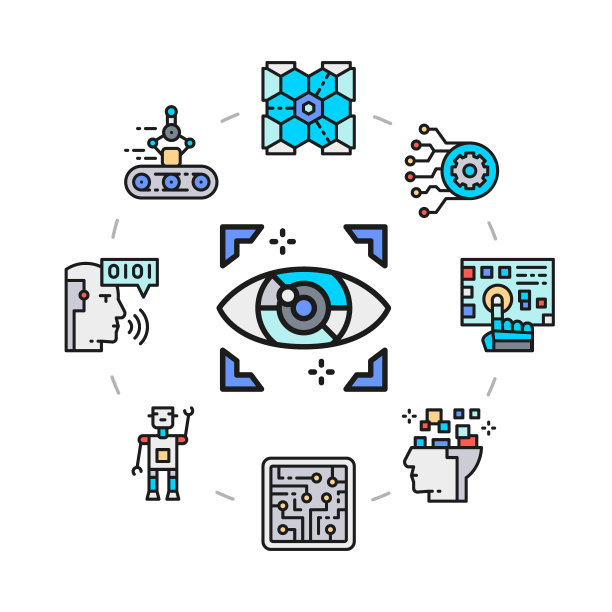 人工智能图标设置在一个圆圈内。机器人，聊天机器人，数据库，大数据推广图标插图孤立在白色背景上。图片下载