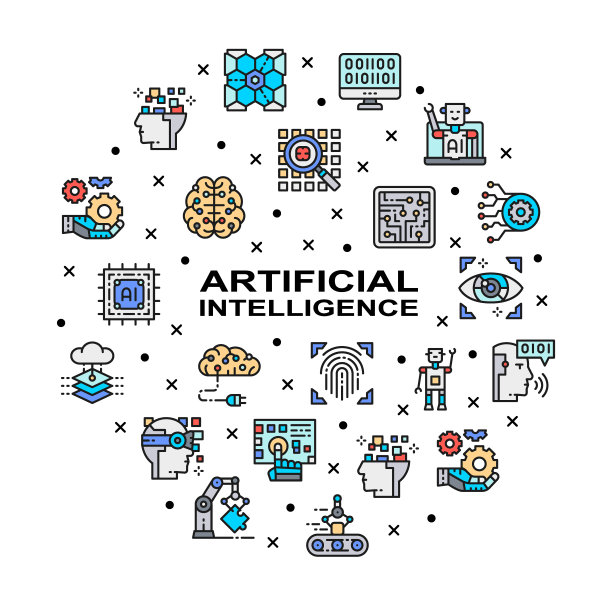 人工智能圈推广图标横幅。机器人，聊天机器人，数据库，大数据设计元素与线性图标插图图片下载
