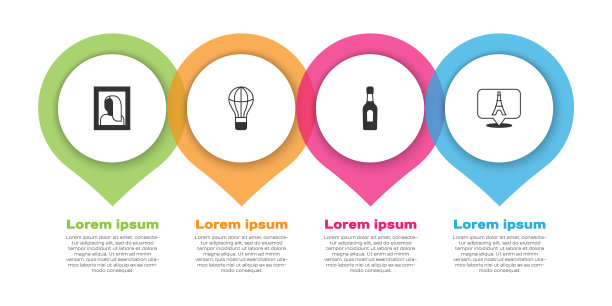 设置博物馆肖像画、热气球、香槟酒瓶、埃菲尔铁塔。业务信息模板。向量图片下载