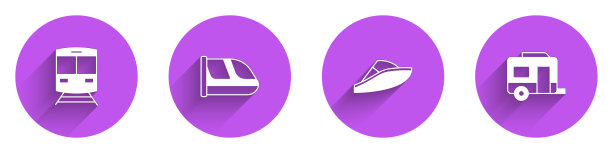 设置火车和铁路，快艇和房车露营拖车图标与长阴影。向量图片下载