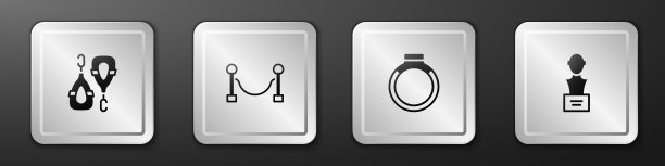 设置耳环，绳索障碍，黄金和石膏头像雕塑半身图标。银广场按钮。向量图片下载