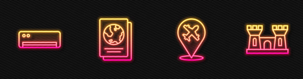 设置线平面、空调、护照、沙堡。发光的霓虹灯图标。向量图片下载