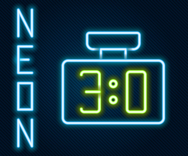 发光霓虹灯线运动机械记分板和结果显示图标孤立在黑色背景。色彩斑斓的轮廓的概念。向量图片下载