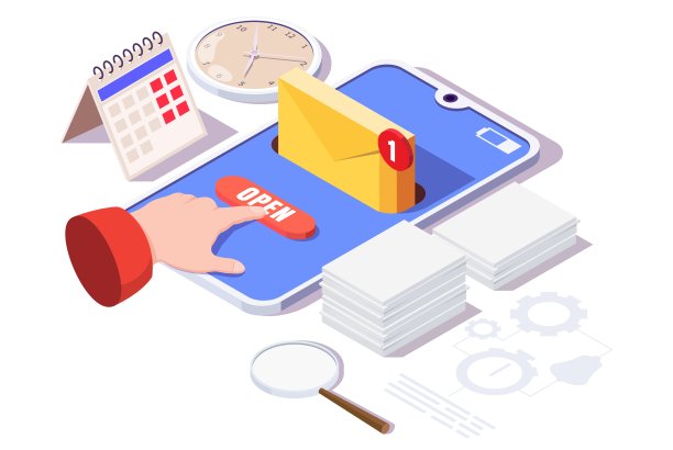 智能手机与电子邮件信封，屏幕上打开按钮，矢量等距插图。电子邮件或消息通知。图片下载