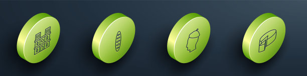 设置巴黎圣母院等距线，法国法棍面包，人和奶酪图标。向量图片下载