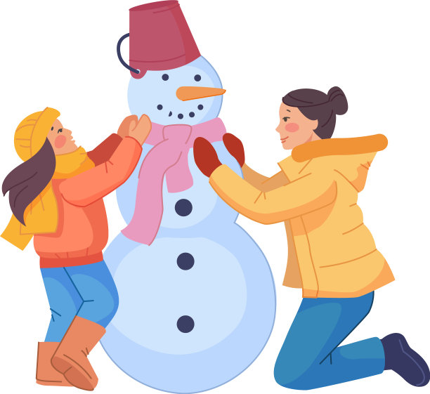 妈妈和孩子在传统的冬天堆雪人图片下载
