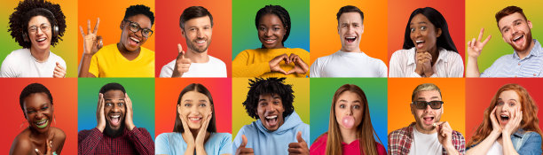 快乐，惊讶，大笑的年轻的欧洲和非洲裔美国男人和女人在各种颜色的背景下图片下载