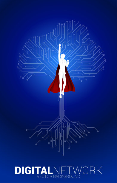 超级英雄的轮廓飞与树从数字线路连接点电路板风格。数字化转型的背景概念。图片下载