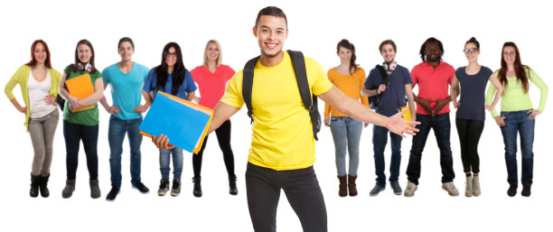一群学生大学生青年拉丁男子教育快乐微笑孤立在白色图片下载
