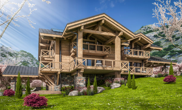 现代舒适小屋在春天的3d渲染图片下载