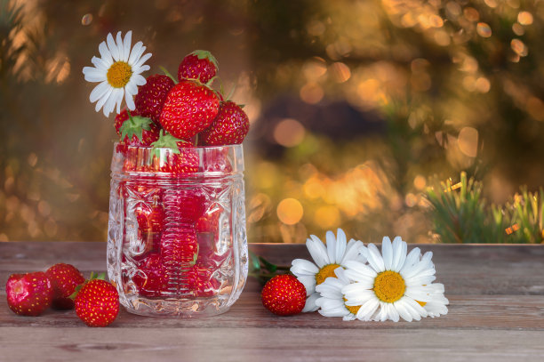 木桌上放着花和浆果图片下载