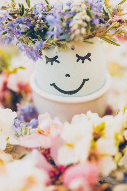 可爱的微笑着睡觉的复活节彩蛋，花环是迷迭香，周围是杏花和其他干花。图片下载