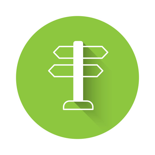 白色道路交通标志。与长阴影背景隔离的路标图标。指针的象征。孤立的街道信息标志。方向的信号。绿色圆圈按钮。向量图片下载