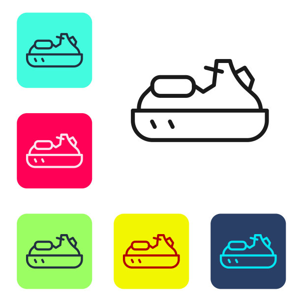 黑色线摩托艇图标孤立在白色背景。水踏板车。极限运动。设置彩色方块按钮图标。向量图片下载