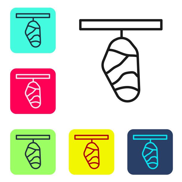 黑线蝴蝶茧图标孤立在白色背景上。蝴蝶的蛹。设置彩色方块按钮图标。向量图片下载