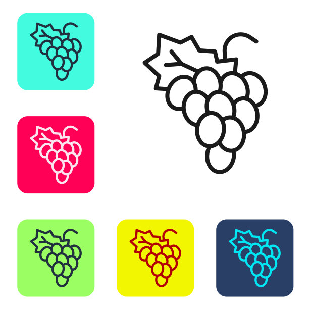 黑线葡萄水果图标孤立在白色背景上。设置彩色方块按钮图标。向量图片下载