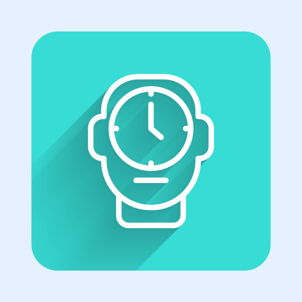 白线时钟图标与长阴影背景隔离。时间的象征。绿色广场按钮。向量图片下载