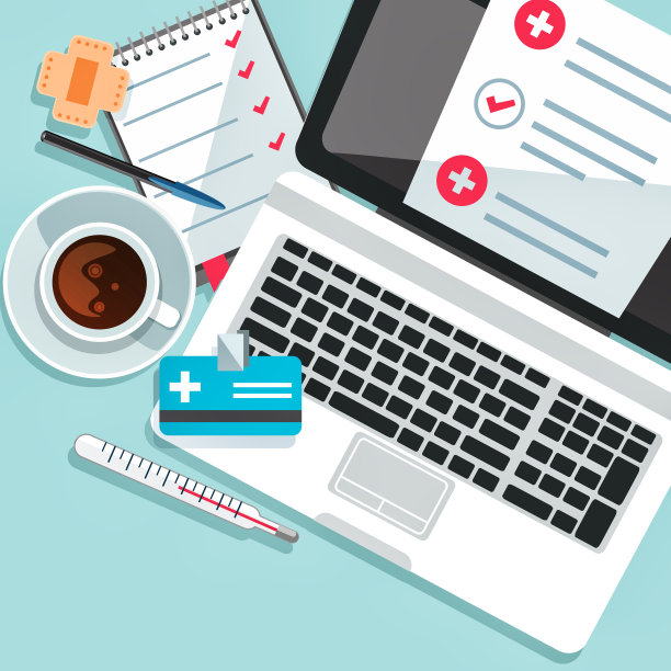 平板风格的笔记本电脑与医疗用品和药品在中性色背景。图形矢量插图在EPS 10格式。图片下载