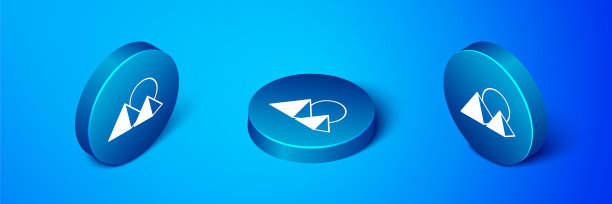 等距埃及金字塔图标孤立在蓝色背景上。古埃及的象征。蓝色圆按钮。向量图片下载